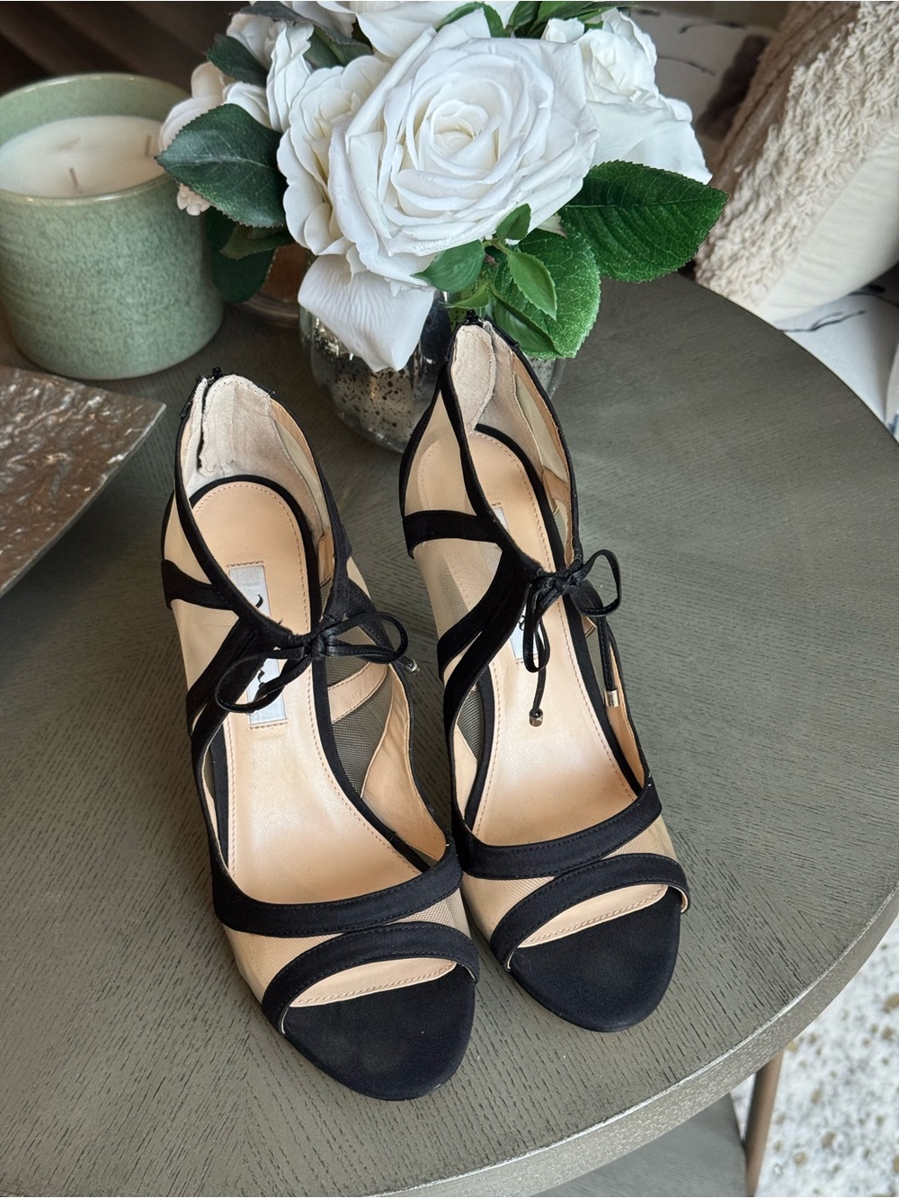 Nina Black Strappy Tie-Up Peep-Toe Heels
